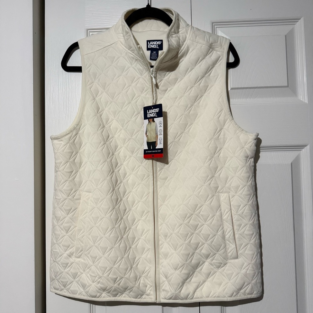 Land’s End Zip Front White Quilted Vest, Women’s Size M